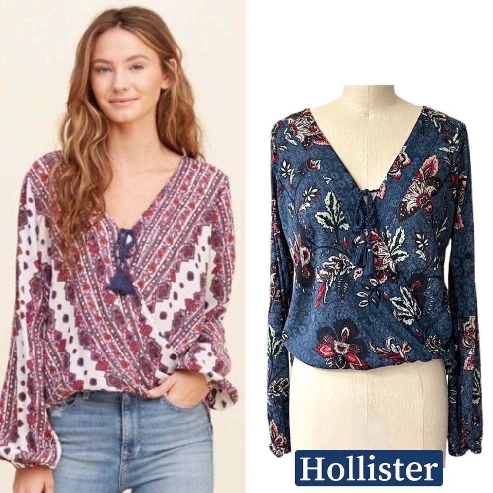 Hollister Floral Wrap High Low Shirt with Tassels Blue SZ XS